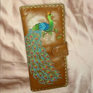 Peacock embroidered leather wallet